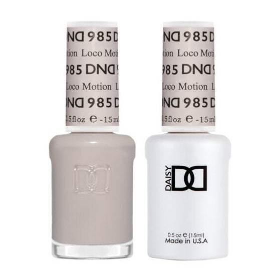 DND Duo 985 Loco Motion, gel polish and matching nail lacquer bottles