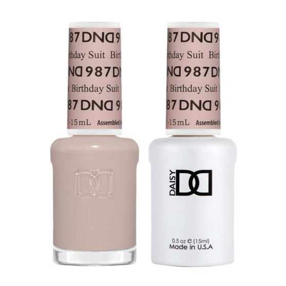 DND Duo 987 Birthday Suit, gel polish and matching nail lacquer bottles