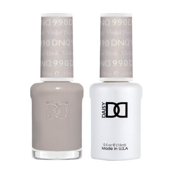DND Duo 990 Violet Dusk, gel polish and matching nail lacquer bottles