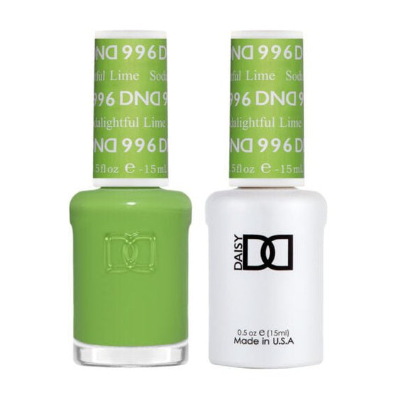 DND Duo 996 Sodalightful Lime, gel polish and matching nail lacquer bottles