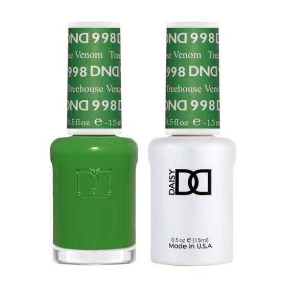 DND Duo 998 Treehouse Venom, gel polish and matching nail lacquer bottles