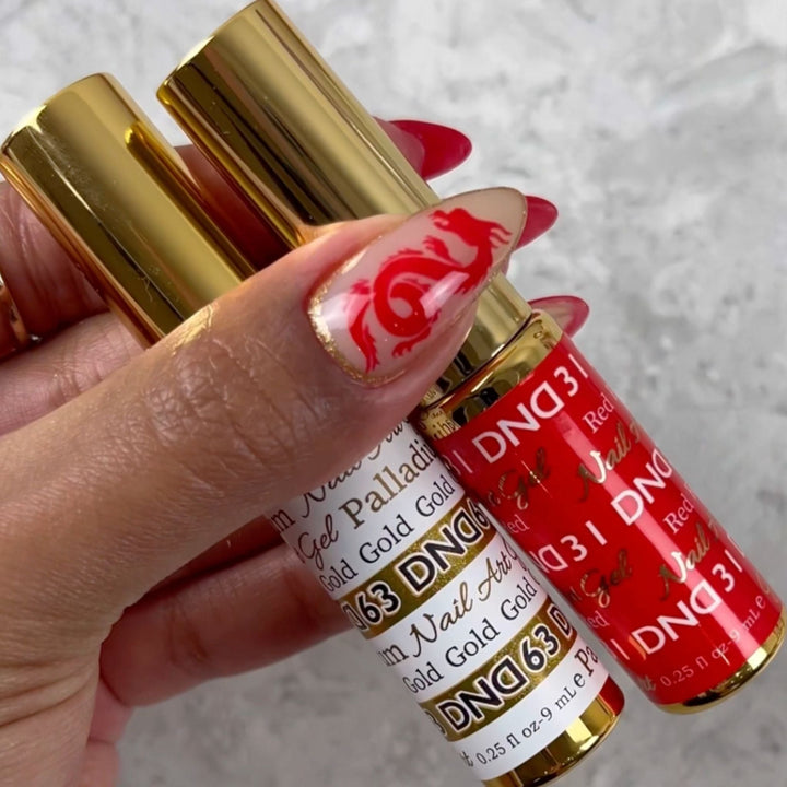 DND Nail Art Gel 63 Palladium Gold bottle held over red nails with gold line art