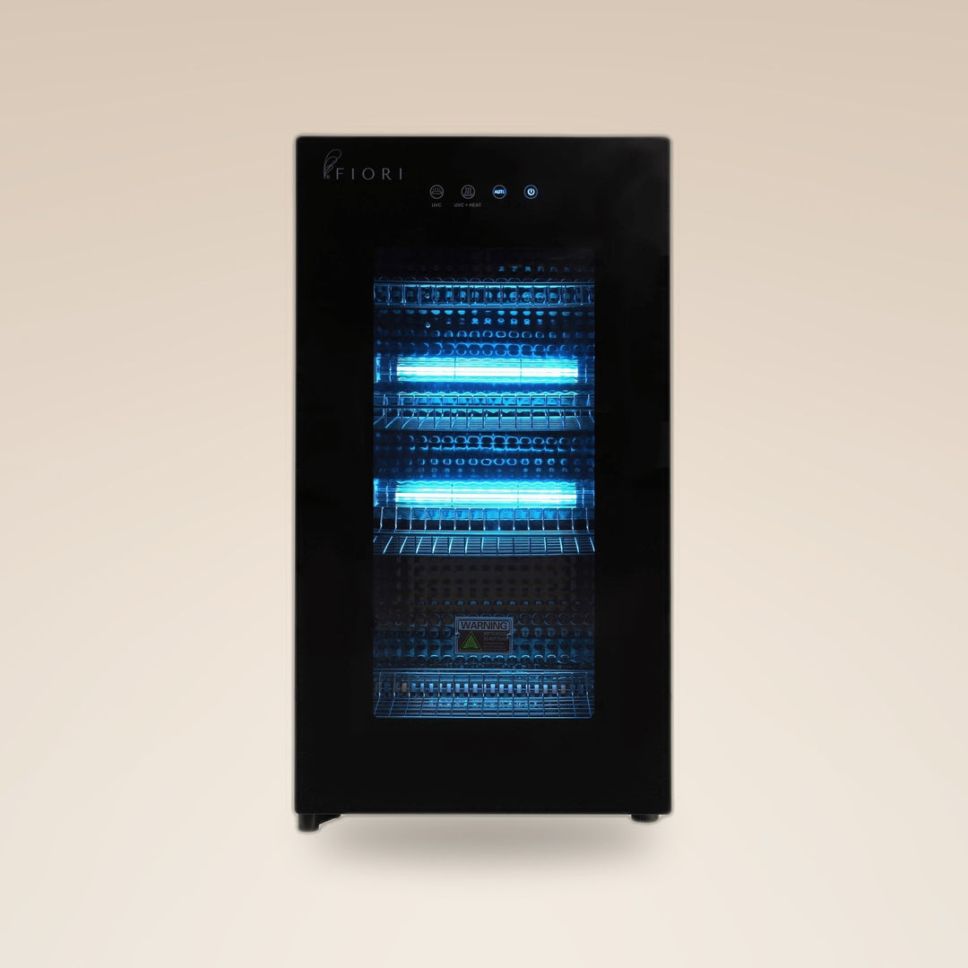 Fiori ST-80L V2 sterilizer cabinet, front view with UV-C lamps on