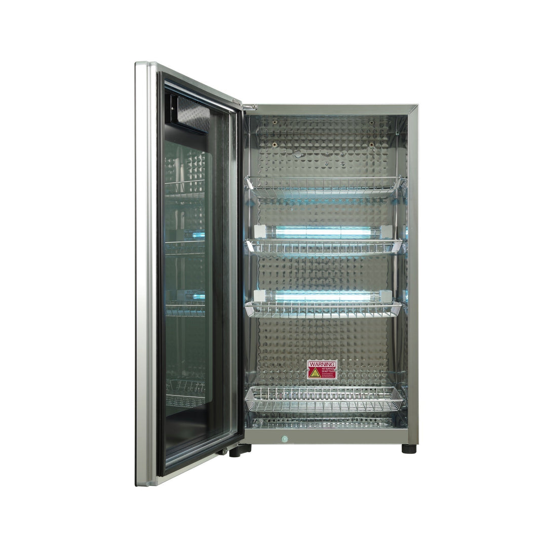 Fiori ST-80L V2 sterilizer cabinet, door open, showing the removable shelves