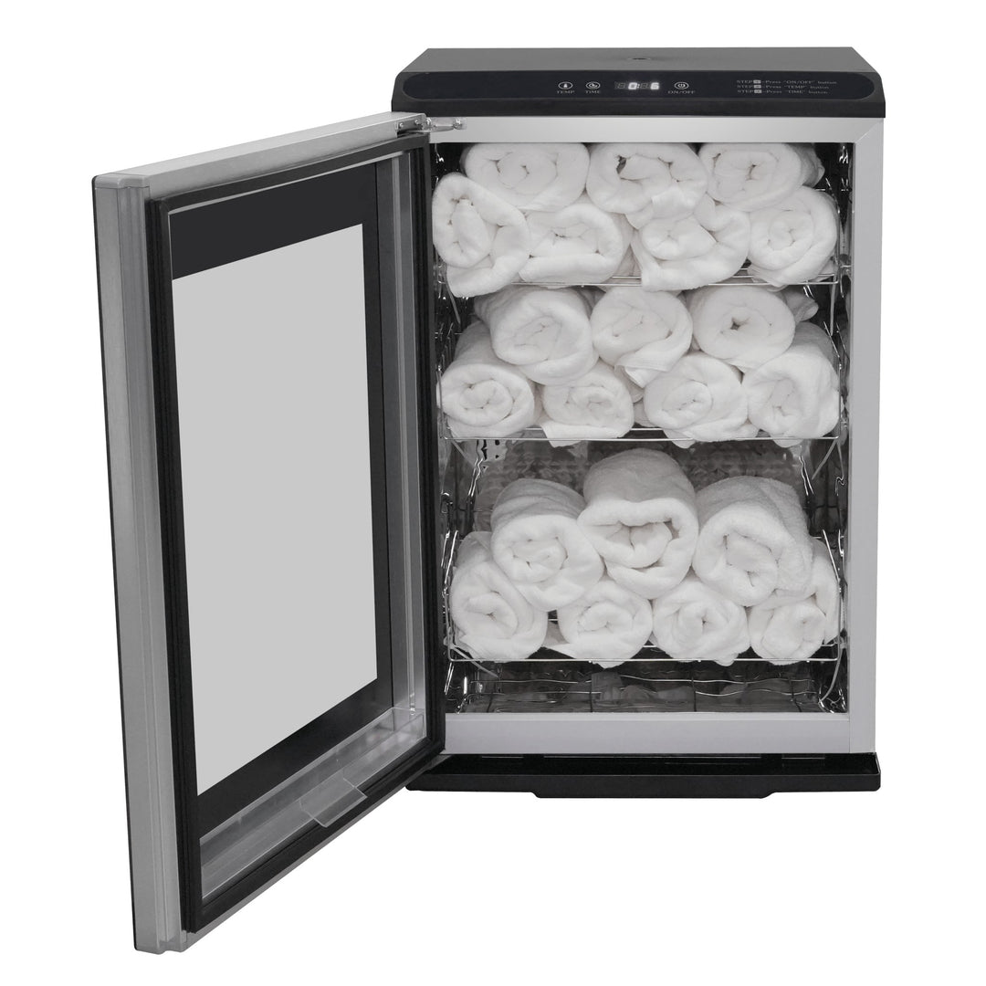 Fiori TW-60L towel warmer, door open with rolled towels on three racks
