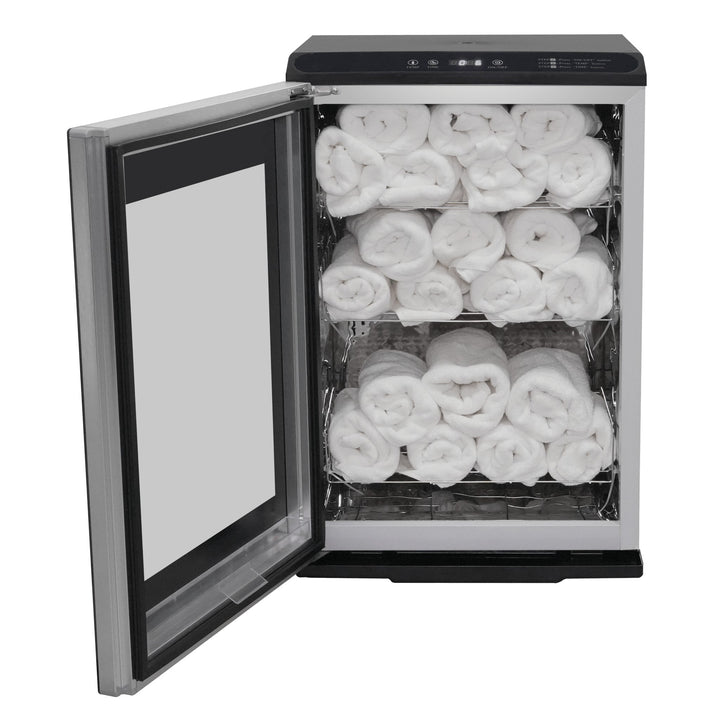 Fiori TW-60L towel warmer, door open with rolled towels on three racks