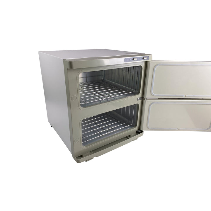 Fiori TW220 towel warmer, both doors open, showing the two compartments