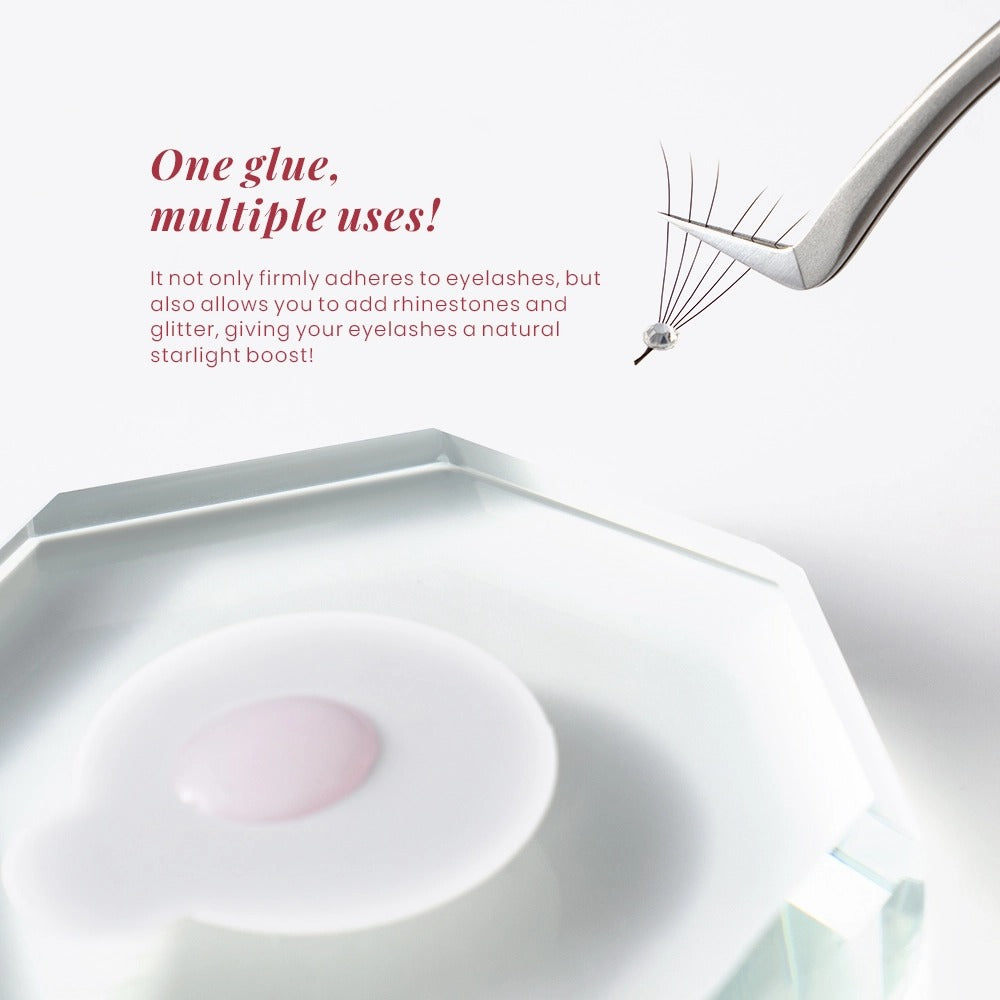 Keo nối mi trong Gollee Advanced Icon Glue F-01, giọt keo hồng trên đế keo và fan mi đính đá