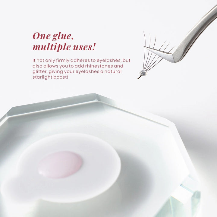 Keo nối mi trong Gollee Advanced Icon Glue F-01, giọt keo hồng trên đế keo và fan mi đính đá