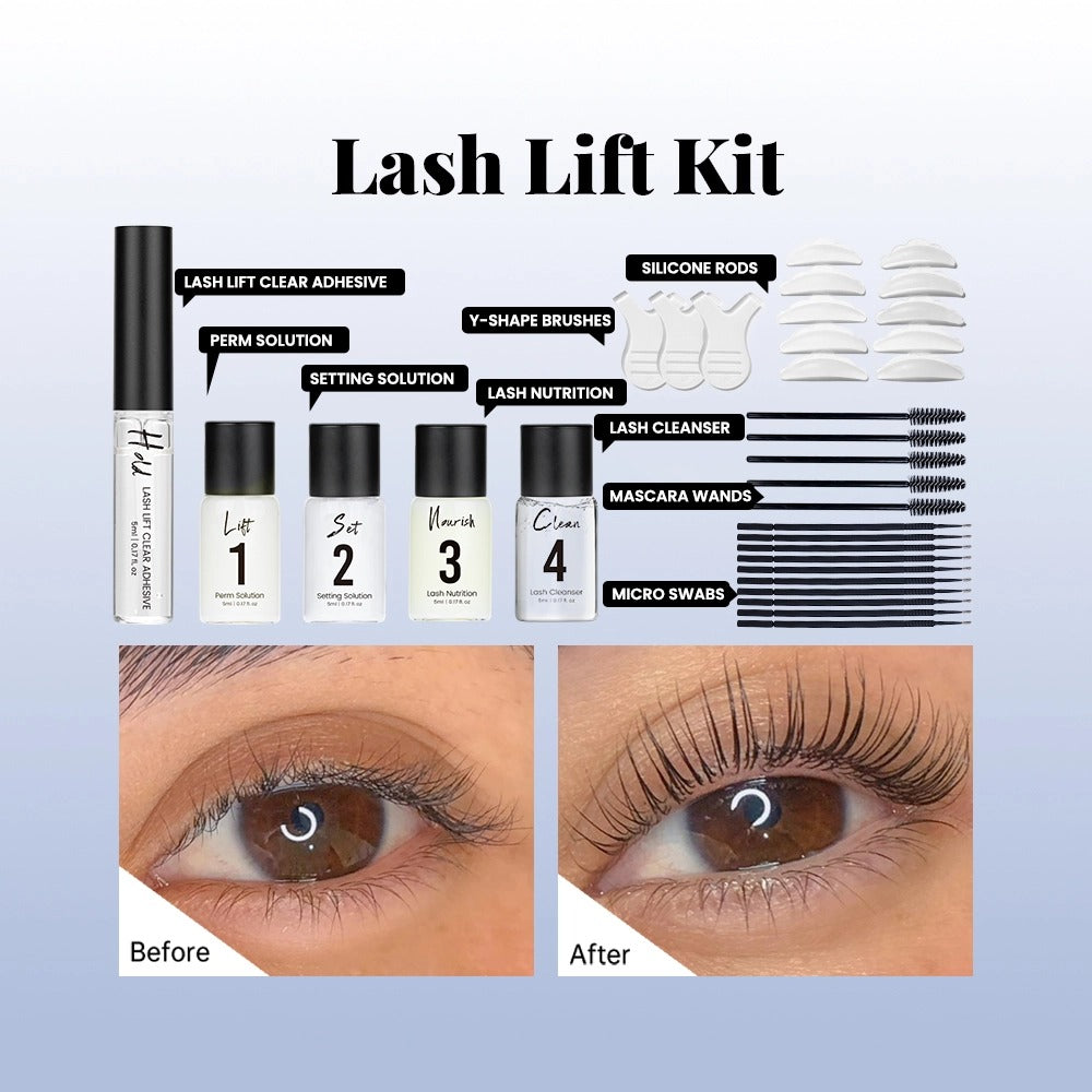 Gollee Lash Lift Kit, labelled contents and before and after lash lift