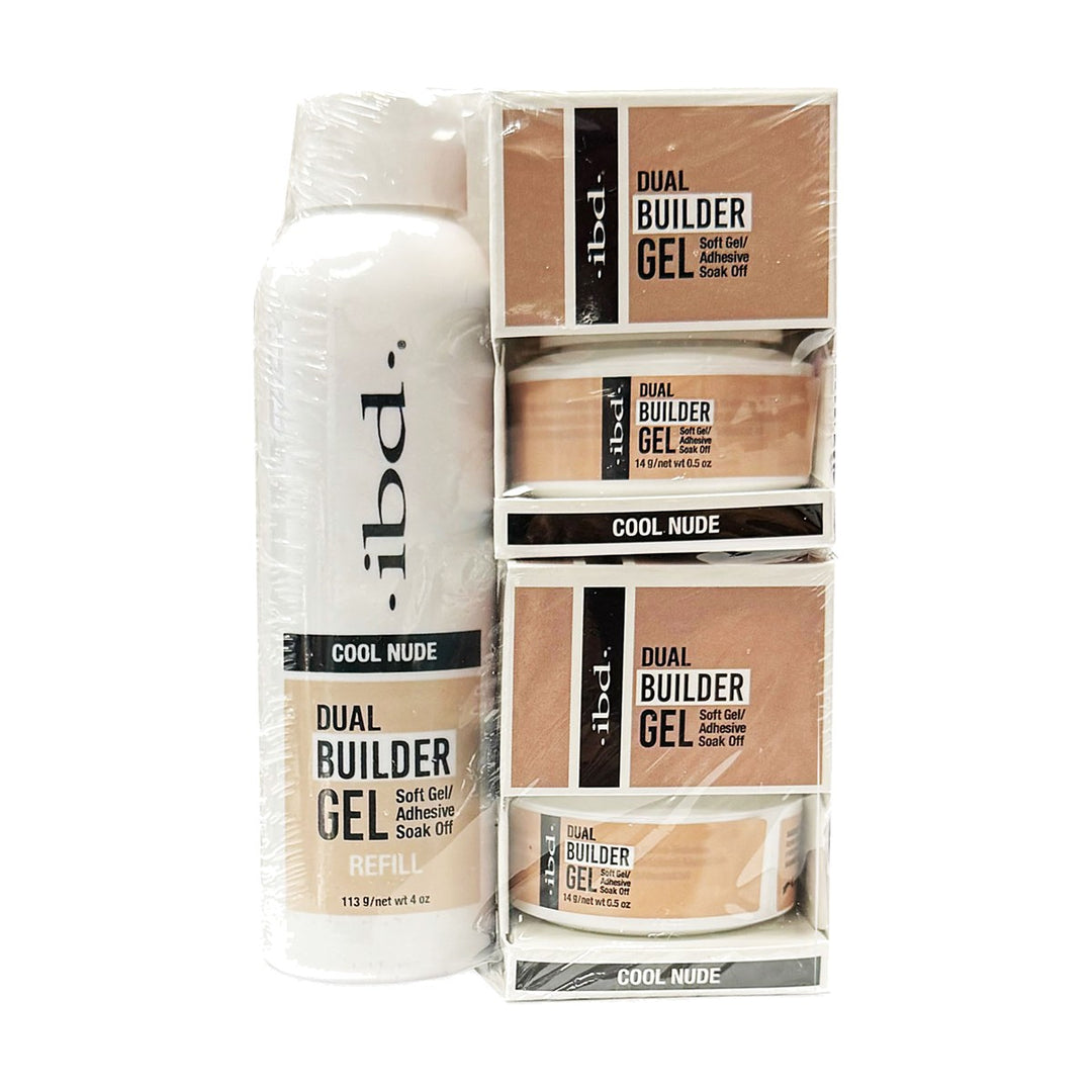 ibd Dual Builder Gel Cool Nude bundle: two 0.5 oz jars and 4 oz refill