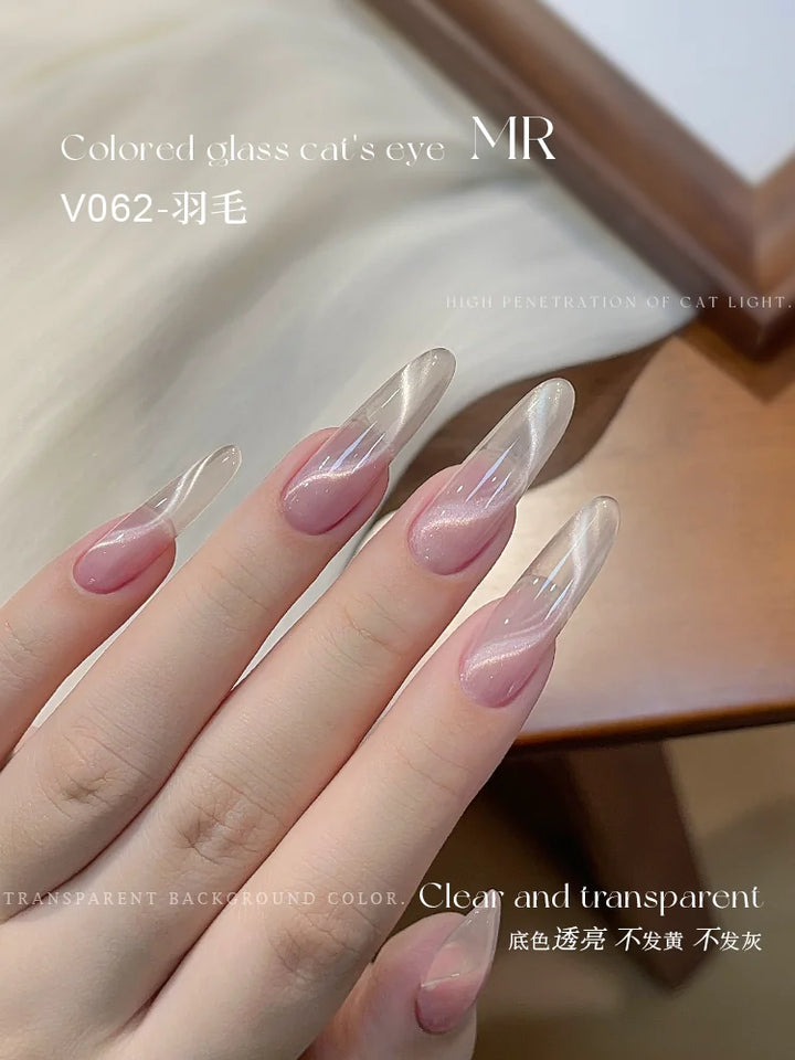 Mr Nail Colorful Glass Bead Cat Eye Gel 3g V062, pearl white cat eye gel on long almond nails