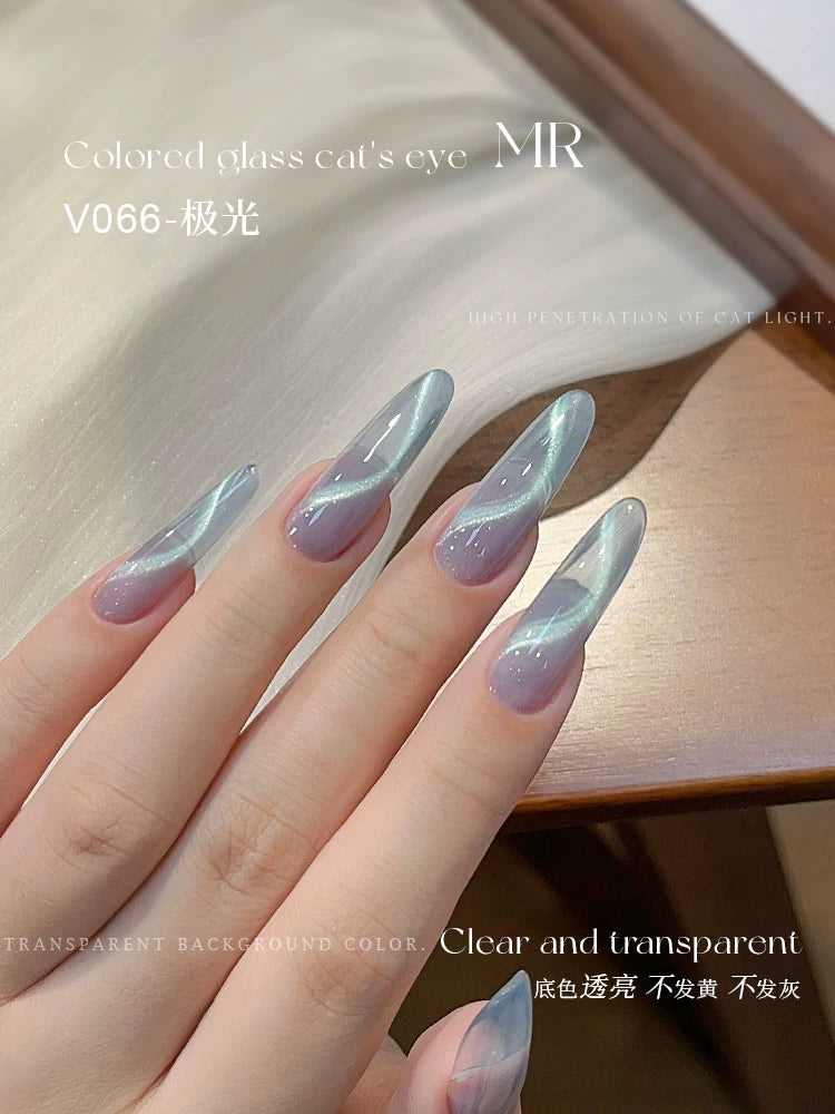 Mr Nail Colorful Glass Bead Cat Eye Gel 3g V066, blue-grey cat eye gel on long almond nails