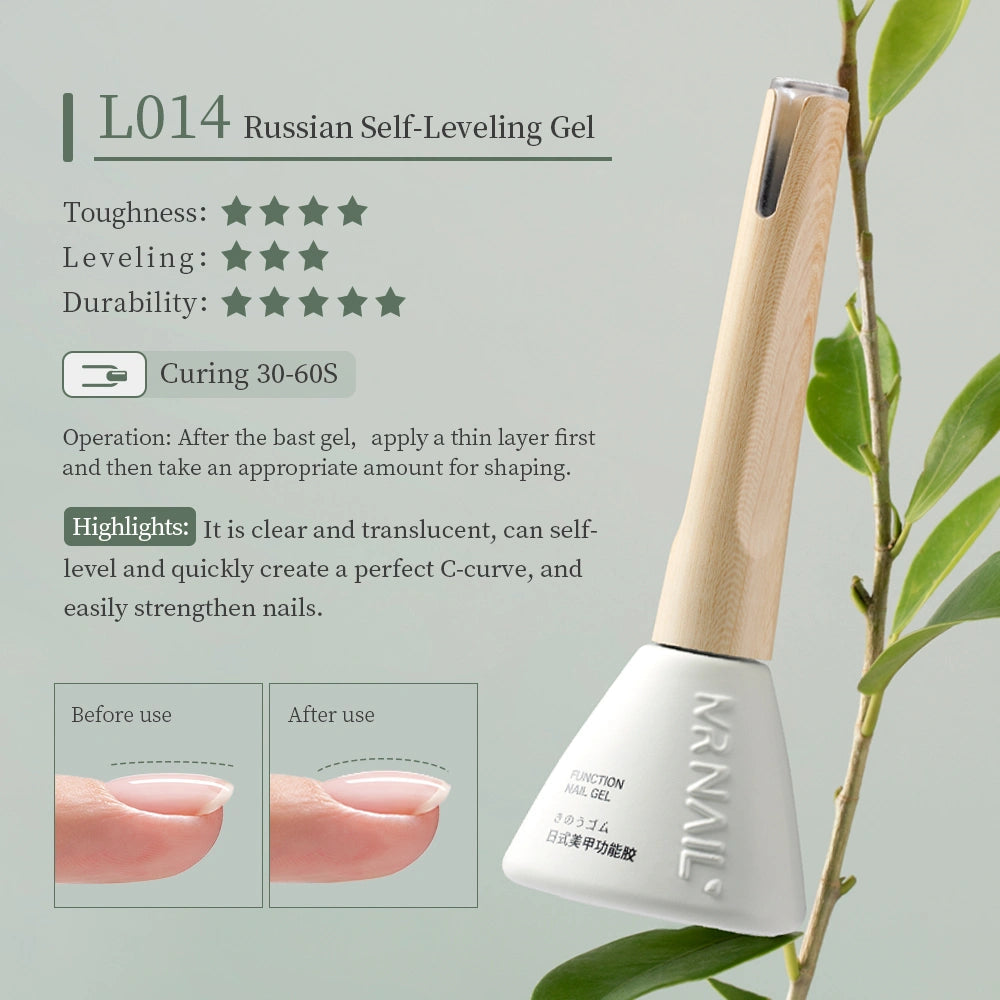 Mr Nail L014 Russian Self-Leveling Gel 14g, before and after on the nail, cure 30-60 s