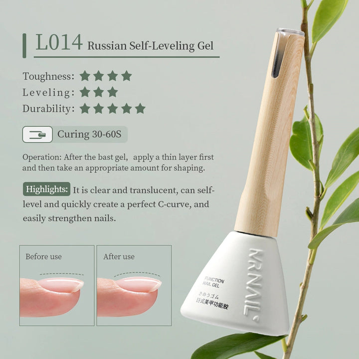 Mr Nail L014 Russian Self-Leveling Gel 14g, before and after on the nail, cure 30-60 s