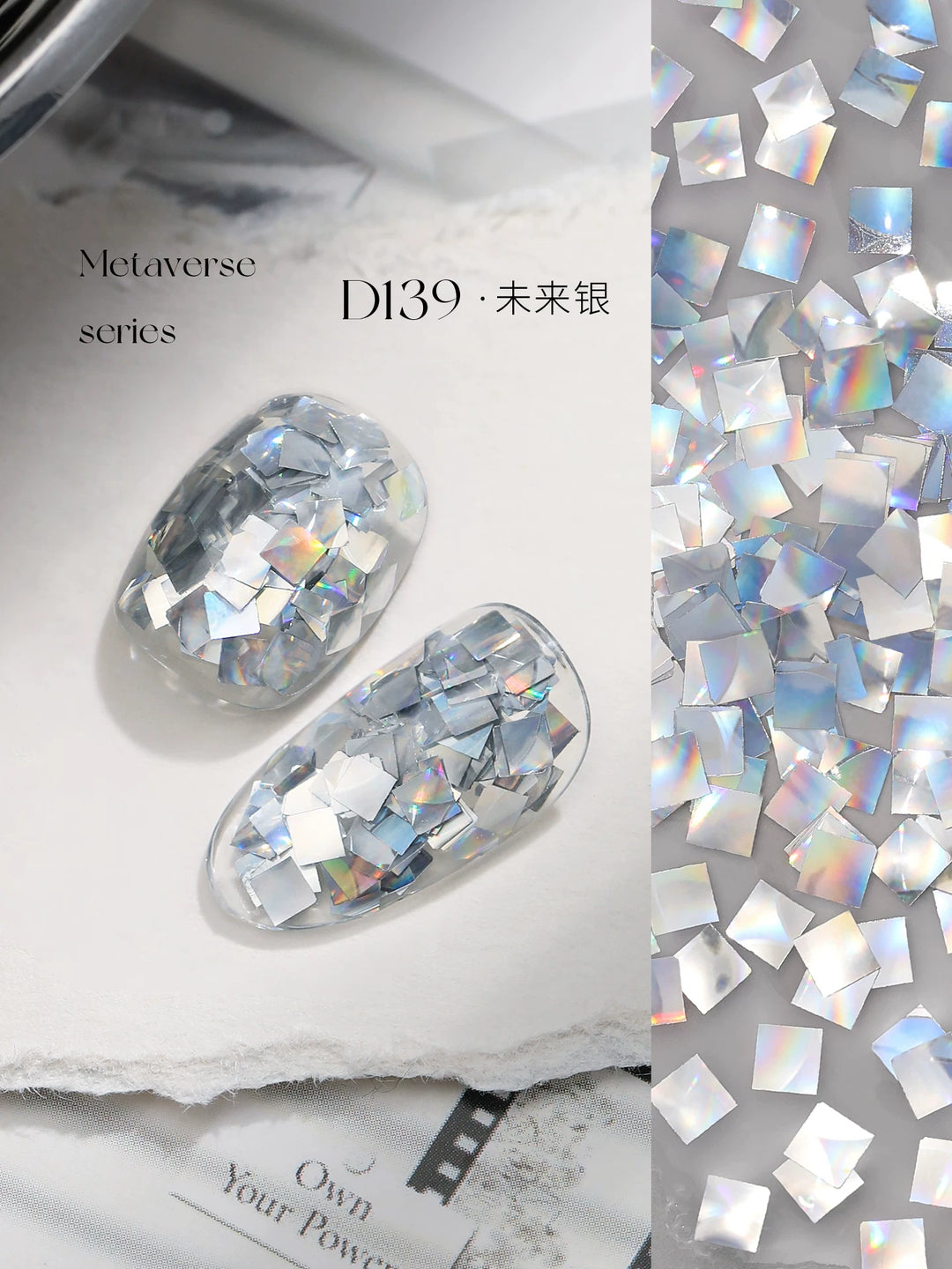 Mr Nail Metaverse Gel 5g D139, clear gel with holographic silver square flakes