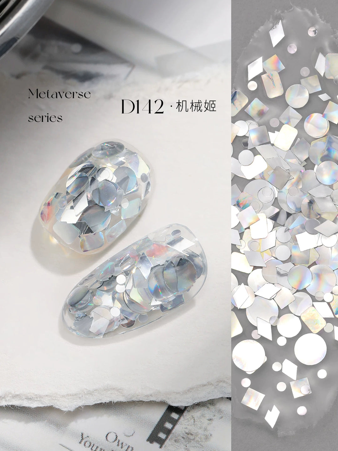 Mr Nail Metaverse Gel 5g D142, clear gel with white round and heart flakes