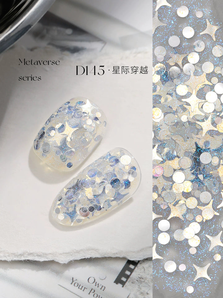 Mr Nail Metaverse Gel 5g D145, clear gel with silver stars and round sequins