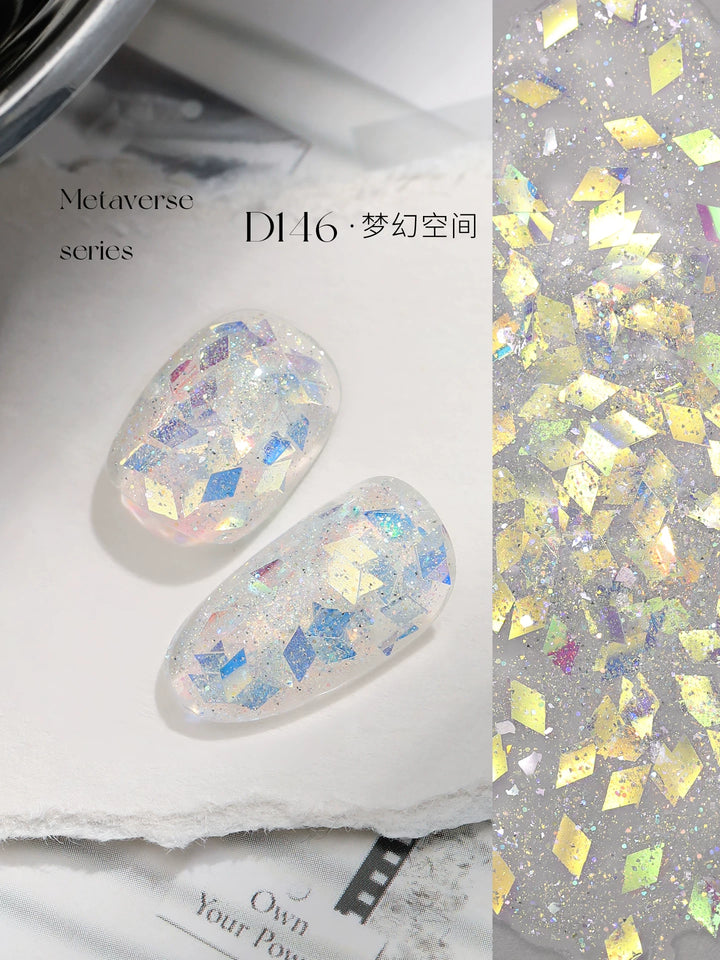 Mr Nail Metaverse Gel 5g D146, clear gel with iridescent gold diamond flakes