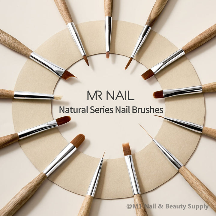Mr Nail Natural Series 13 nail art brushes arranged in a ring, wood handles and silver ferrules