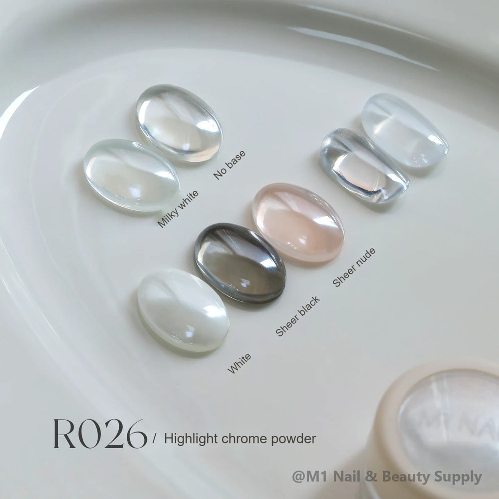 Mr Nail R026 chrome powder swatches over no base, milky white, sheer nude, sheer black and white