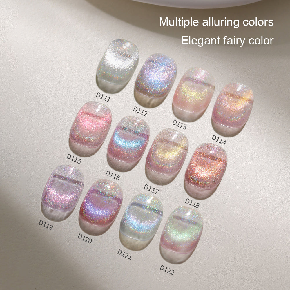 Mr Nail Rainbow Cat Eye Gel 5g colour chart, D111 to D122 on nail swatches
