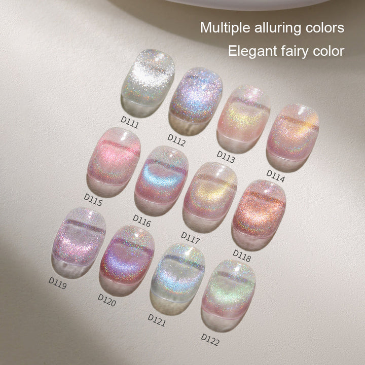 Mr Nail Rainbow Cat Eye Gel 5g colour chart, D111 to D122 on nail swatches