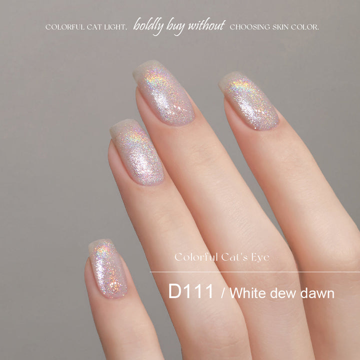 Mr Nail Rainbow Cat Eye Gel 5g D111 White Dew Dawn, multi-colour cat eye gel on short nails