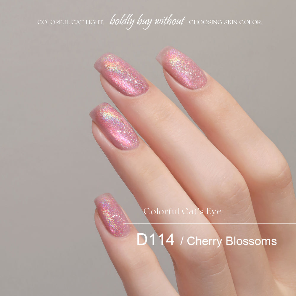 Mr Nail Rainbow Cat Eye Gel 5g D114 Cherry Blossoms, multi-colour cat eye gel on short nails