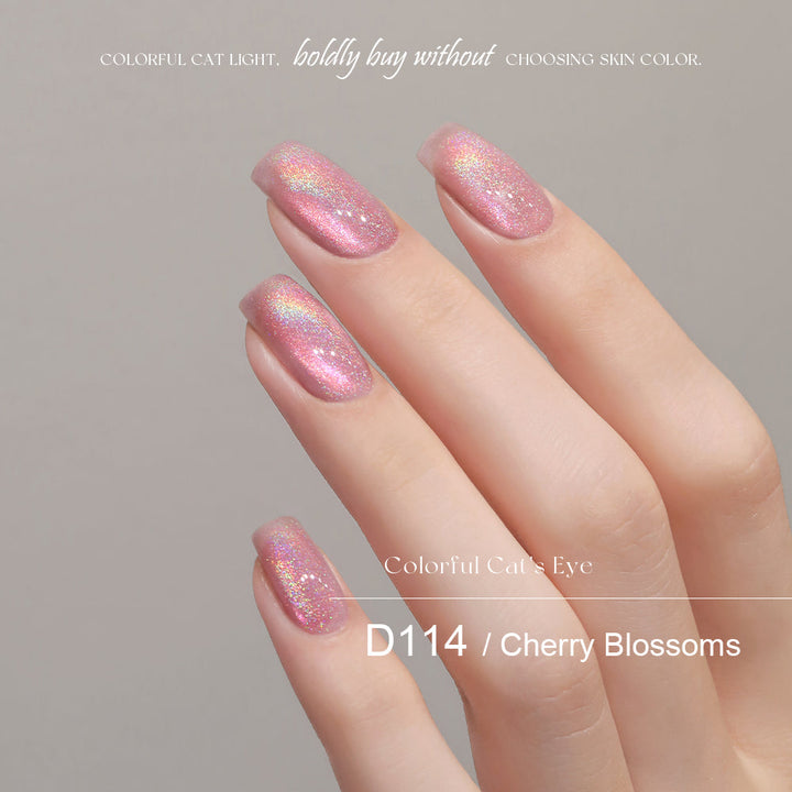 Mr Nail Rainbow Cat Eye Gel 5g D114 Cherry Blossoms, multi-colour cat eye gel on short nails