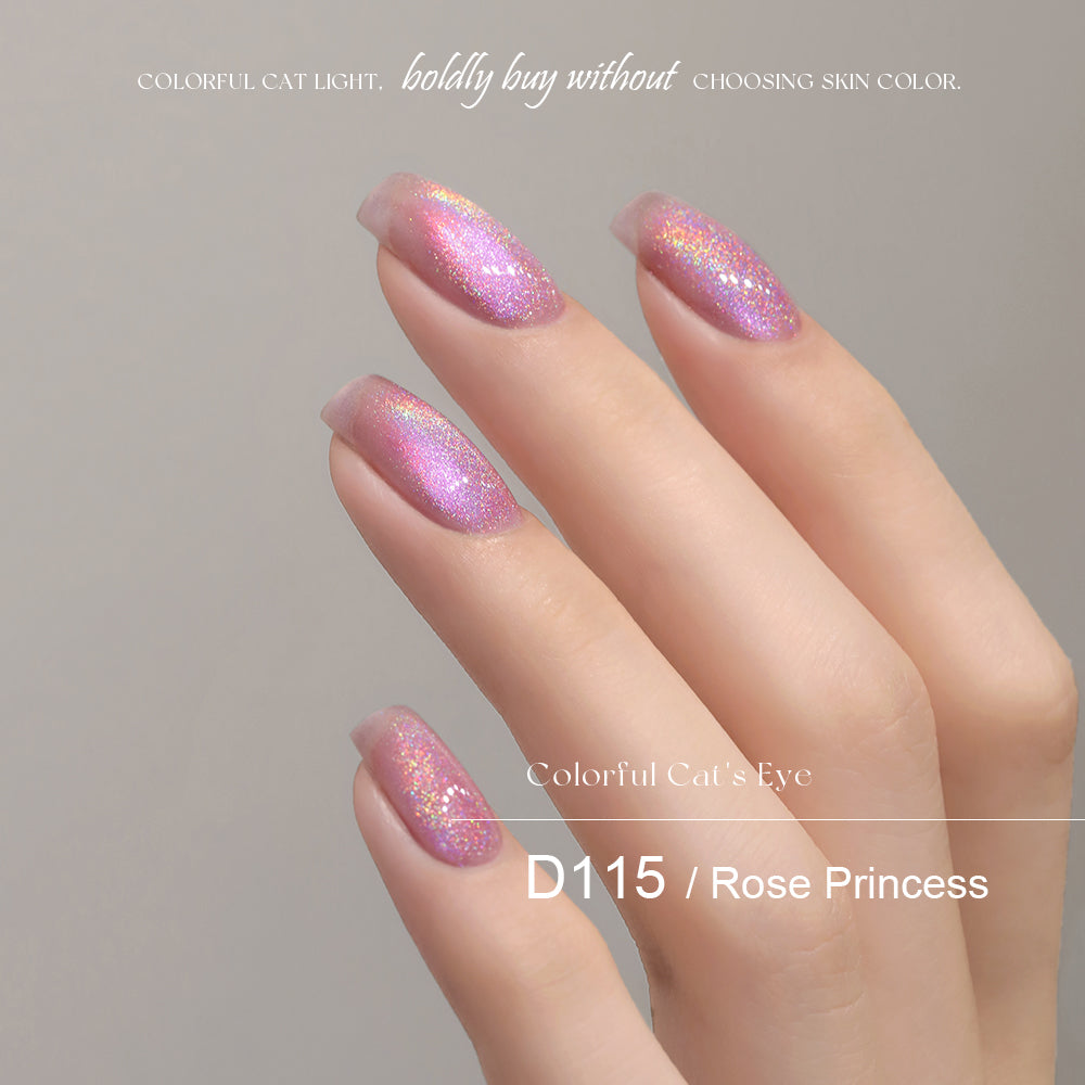 Mr Nail Rainbow Cat Eye Gel 5g D115 Rose Princess, multi-colour cat eye gel on short nails