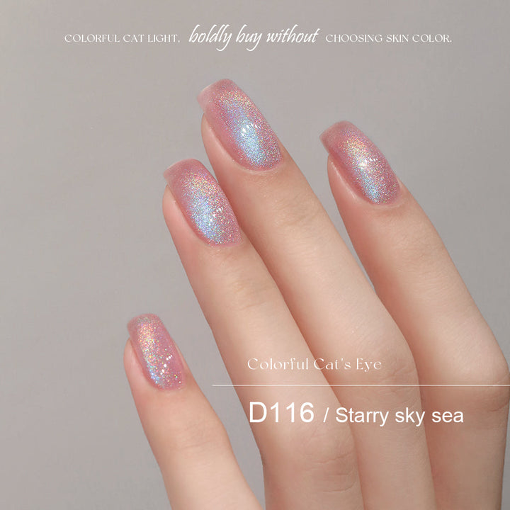Mr Nail Rainbow Cat Eye Gel 5g D116 Starry Sky Sea, multi-colour cat eye gel on short nails