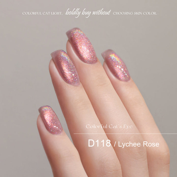 Mr Nail Rainbow Cat Eye Gel 5g D118 Lychee Rose, multi-colour cat eye gel on short nails