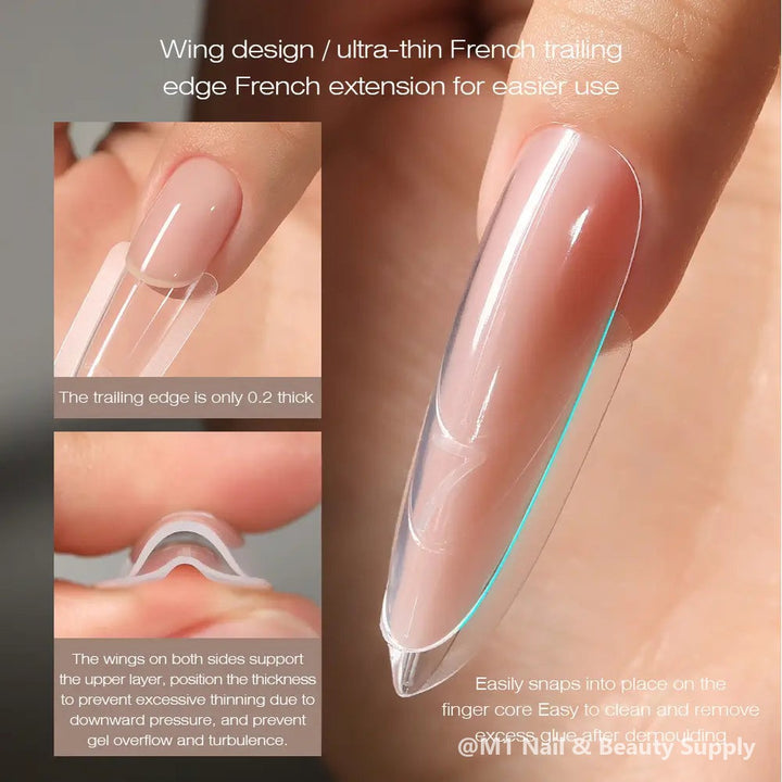 Mr Nail sandwich dual form wing design: side wings hold the top layer and stop gel overflow
