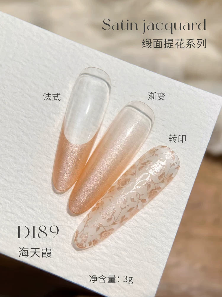 Mr Nail Satin Jacquard Gel 3g D189, peach shimmer satin gel as French tip, ombre and stamped pattern