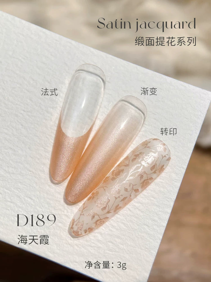 Mr Nail Satin Jacquard Gel 3g D189, peach shimmer satin gel as French tip, ombre and stamped pattern