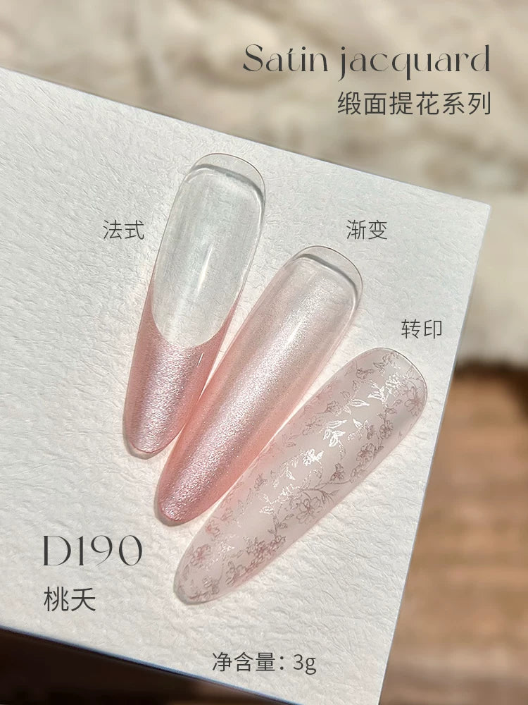 Mr Nail Satin Jacquard Gel 3g D190, pink shimmer satin gel as French tip, ombre and stamped pattern