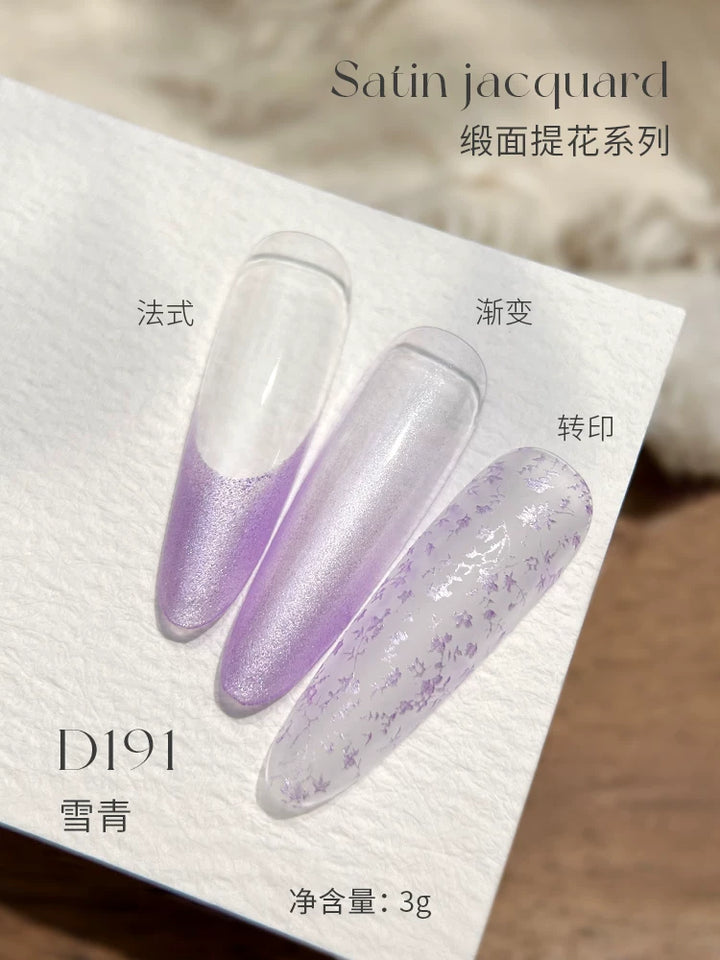 Mr Nail Satin Jacquard Gel 3g D191, lilac shimmer satin gel as French tip, ombre and stamped pattern