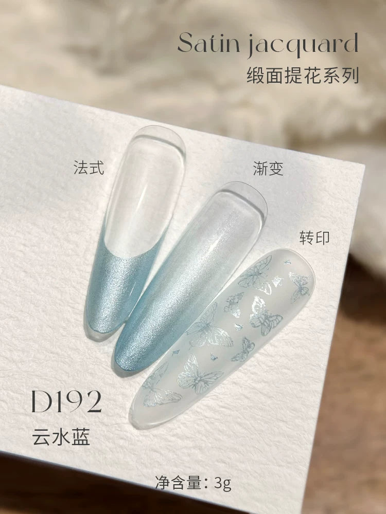 Mr Nail Satin Jacquard Gel 3g D192, sky blue shimmer satin gel as French tip, ombre and stamped pattern
