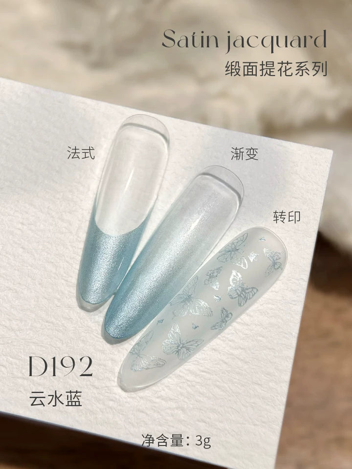 Mr Nail Satin Jacquard Gel 3g D192, sky blue shimmer satin gel as French tip, ombre and stamped pattern