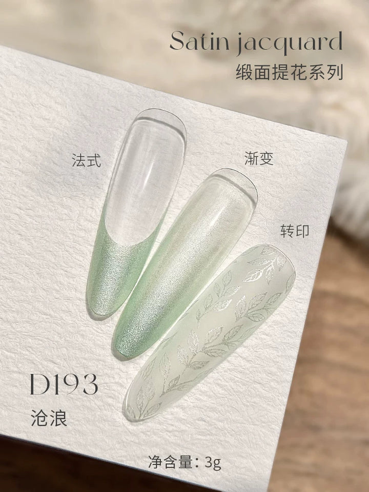 Mr Nail Satin Jacquard Gel 3g D193, mint shimmer satin gel as French tip, ombre and stamped pattern
