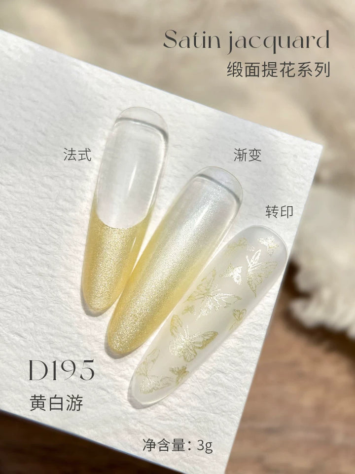 Mr Nail Satin Jacquard Gel 3g D195, pale yellow shimmer satin gel as French tip, ombre and stamped pattern