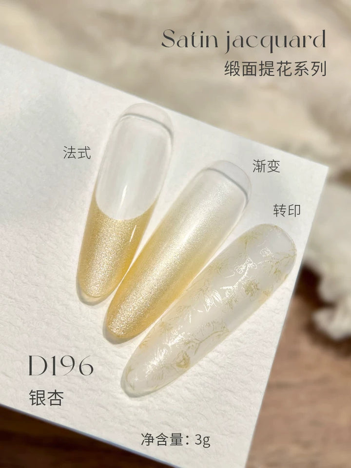Mr Nail Satin Jacquard Gel 3g D196, gold shimmer satin gel as French tip, ombre and stamped pattern