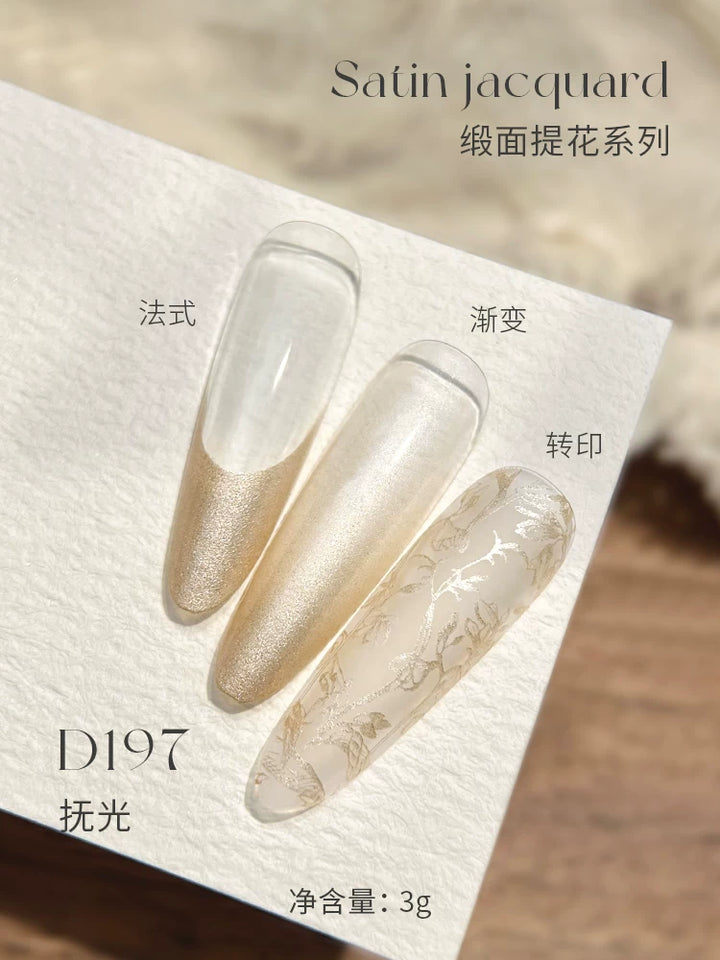 Mr Nail Satin Jacquard Gel 3g D197, champagne shimmer satin gel as French tip, ombre and stamped pattern