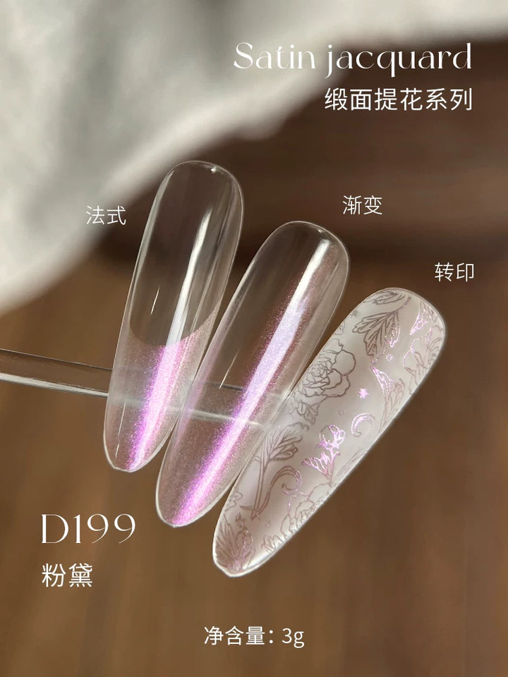 Mr Nail Satin Jacquard Gel 3g D199, pink-violet iridescent satin gel as French tip, ombre and stamped pattern