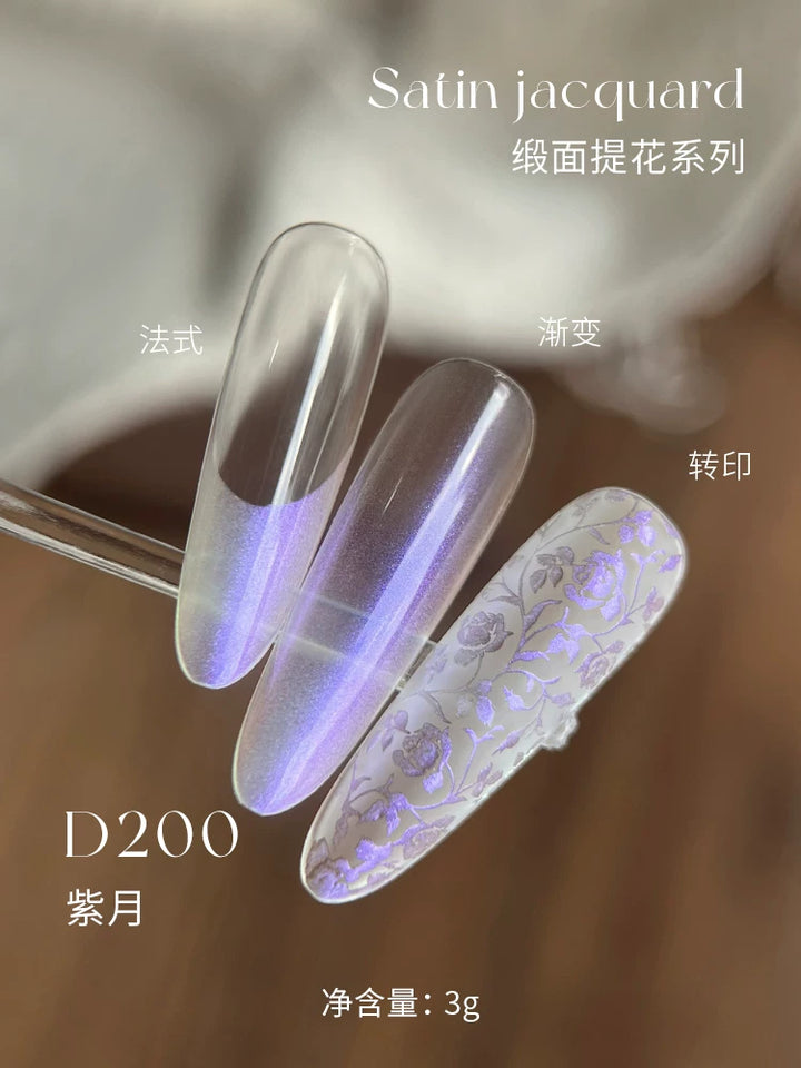 Mr Nail Satin Jacquard Gel 3g D200, violet-blue iridescent satin gel as French tip, ombre and stamped pattern