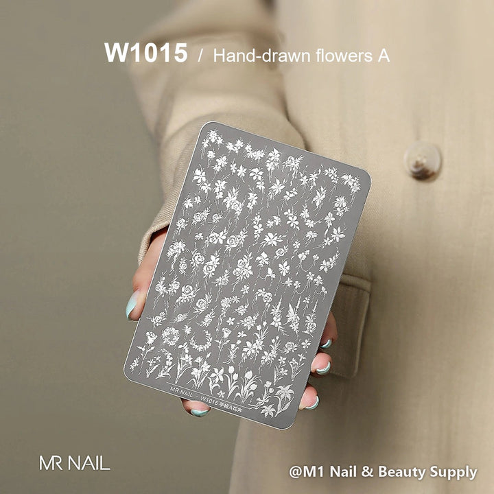 Mr Nail W1015 transfer printing steel plate, Hand-drawn flowers A design, nail stamping plate