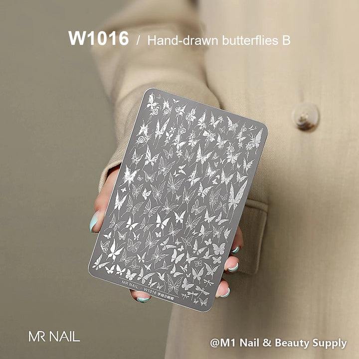 Mr Nail W1016 transfer printing steel plate, Hand-drawn butterflies B design, nail stamping plate