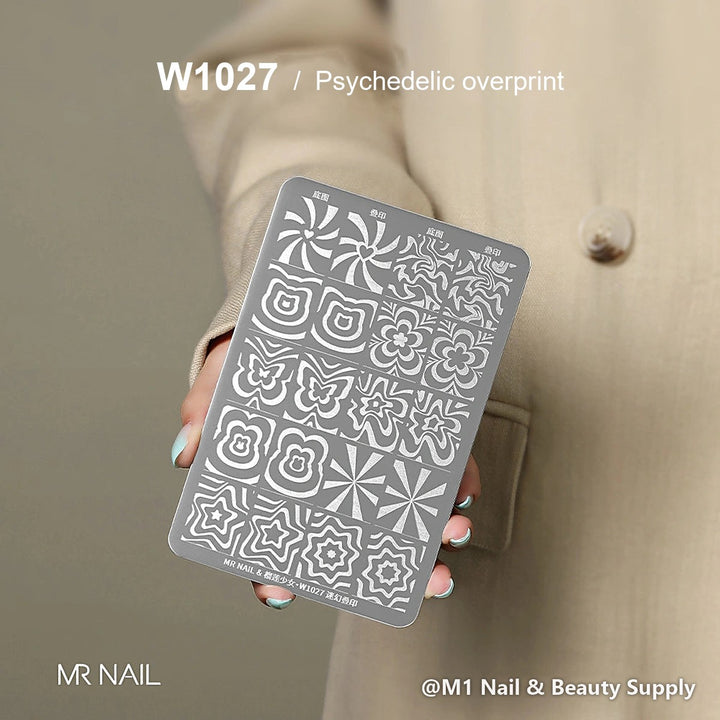 Mr Nail W1027 transfer printing steel plate, Psychedelic overprint design, nail stamping plate
