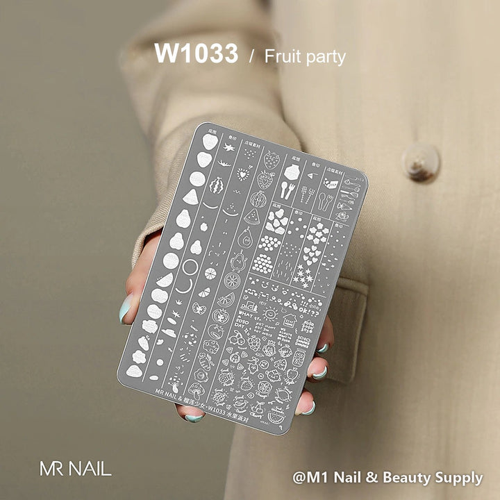 Mr Nail W1033 transfer printing steel plate, Fruit party design, nail stamping plate
